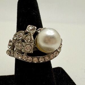 Vintage Faux Pearl Rhinestone Cocktail Ring 8.25